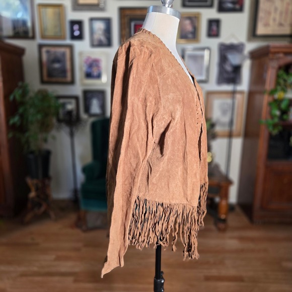 Forever 21 Plus Brown Pigskin Leather Fringe Jacket Western Open Front Womens - Picture 3 of 8
